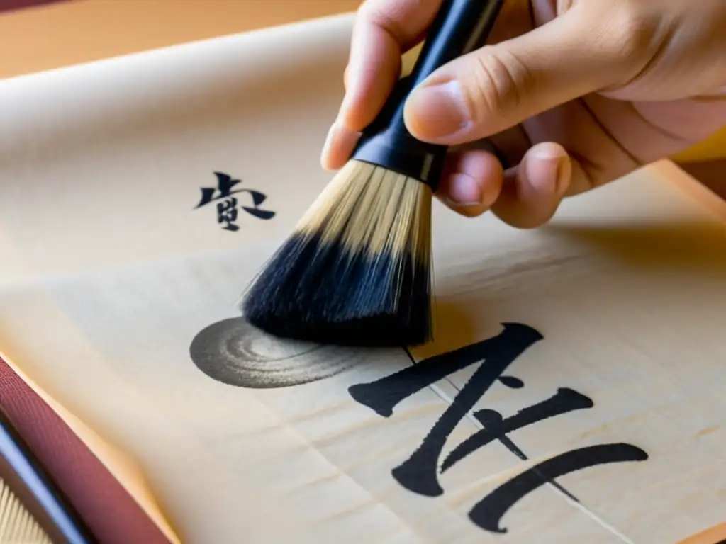 Mano de calígrafo japonesa sosteniendo pincel sobre papel washi, creando caligrafía Kanji como forma de arte