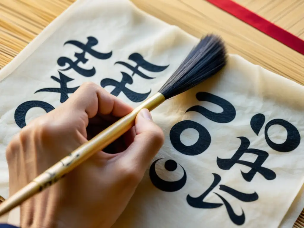 Una mano pintando caracteres chinos con pincel, mostrando el efecto de los sistemas de escritura en papel de arroz