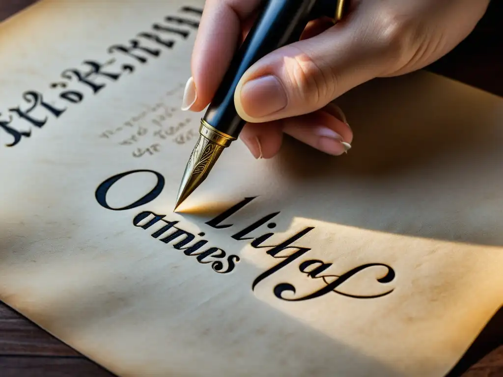 Arte de la caligrafía gótica: fusión de herencia y tecnología Mano de calígrafo revitalizando escritura gótica en pergamino con pluma, fusionando tradición y tecnología