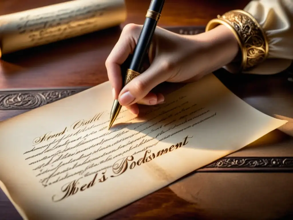 Manuscrito antiguo: Scribe experto en acción Mano hábil sostiene pluma sobre pergamino iluminado, con tintero y documentos antiguos al fondo