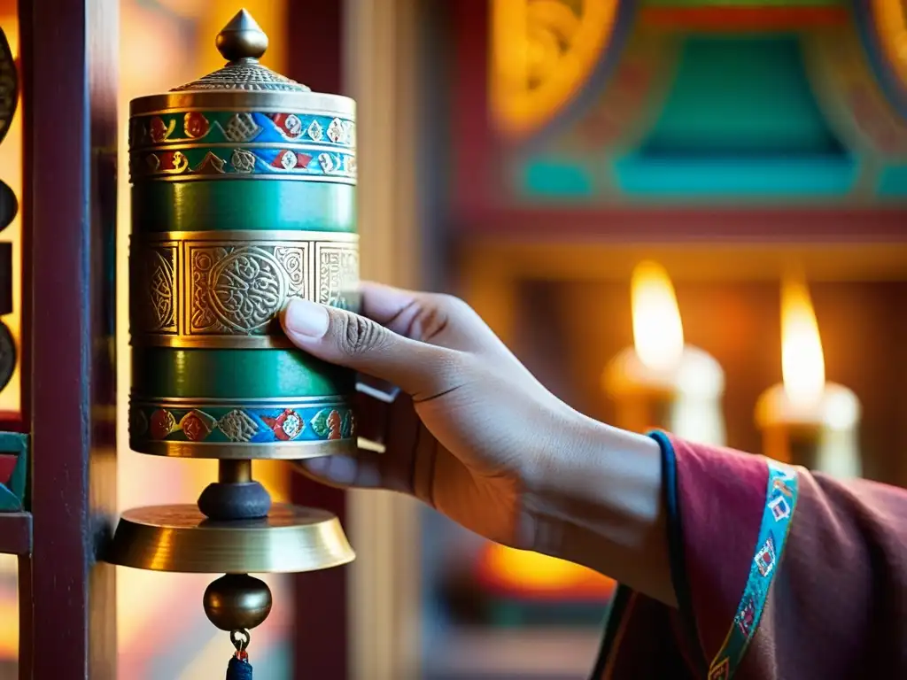 Una mano sostiene una rueda de oración tibetana en un templo iluminado con velas, con detalles coloridos y significado espiritual escritura budista