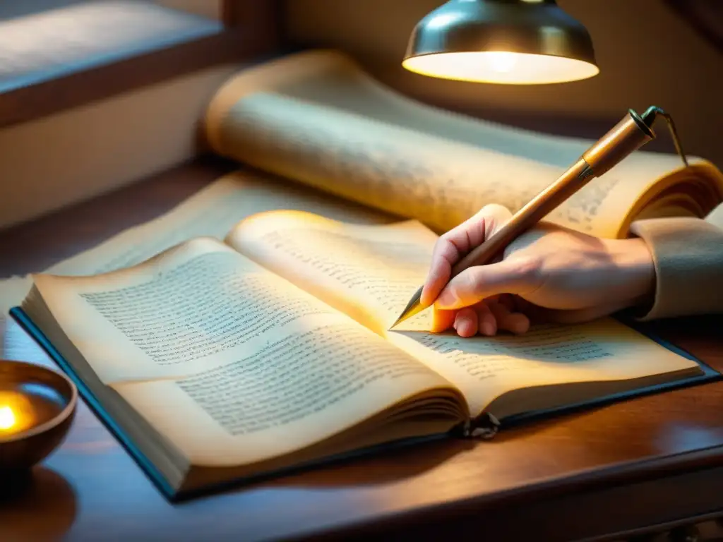 Manos delicadas hojeadoras de antiguo manuscrito iluminado por lámpara de escritorio, evocando cuidadosa curaduría de escritura antigua