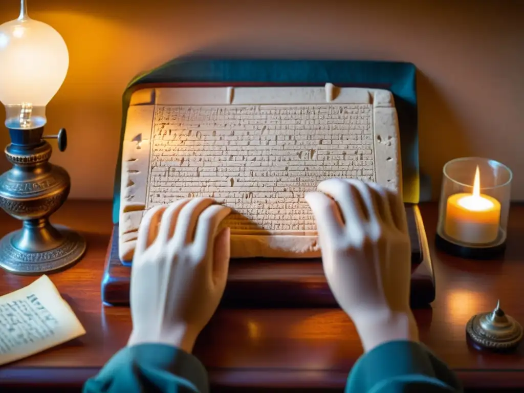 Manos enguantadas sostienen una antigua tableta de arcilla con escritura cuneiforme, iluminada por una lámpara vintage