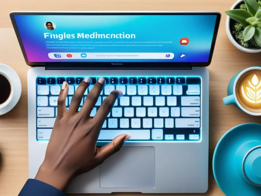 Manos en movimiento sobre teclado moderno con pantalla vibrante de redes sociales, reflejando el impacto de la escritura en internet