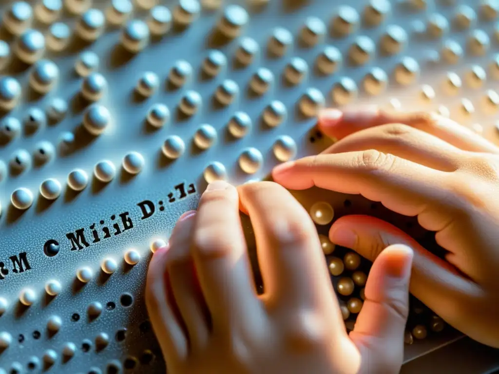 Las manos de un niño exploran con detalle un texto en braille, mostrando la importancia de las estrategias pedagógicas de inclusión educativa braille