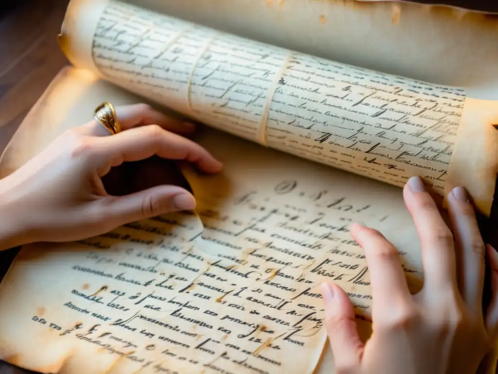 Manos girando pergamino antiguo con caligrafía en luz cálida, símbolos de AR