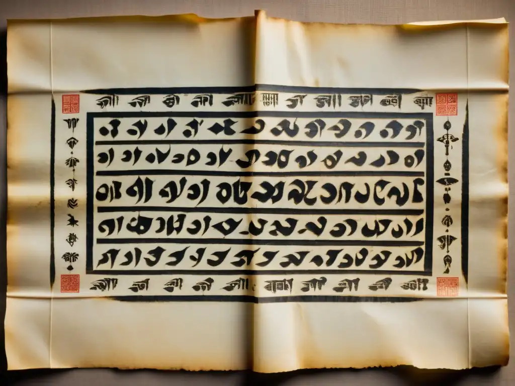 Manuscrito antiguo en Meitei Mayek, con caligrafía intrincada y papel pergamino desgastado