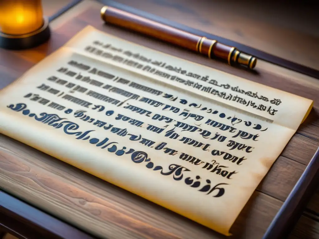 Un manuscrito antiguo bellamente conservado, con caligrafía e ilustraciones detalladas, sobre un escritorio vintage