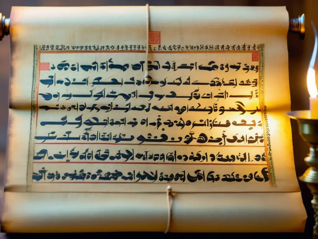 Un manuscrito antiguo con escritura Prácrita en pergamino, iluminado por una lámpara de aceite