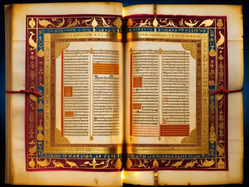 Pergamino antiguo con caligrafía sánscrita y escenas de la mitología hindú Manuscrito antiguo de escritura sánscrita con escenas de mitología hindú y bordes dorados, iluminado por luz de vela