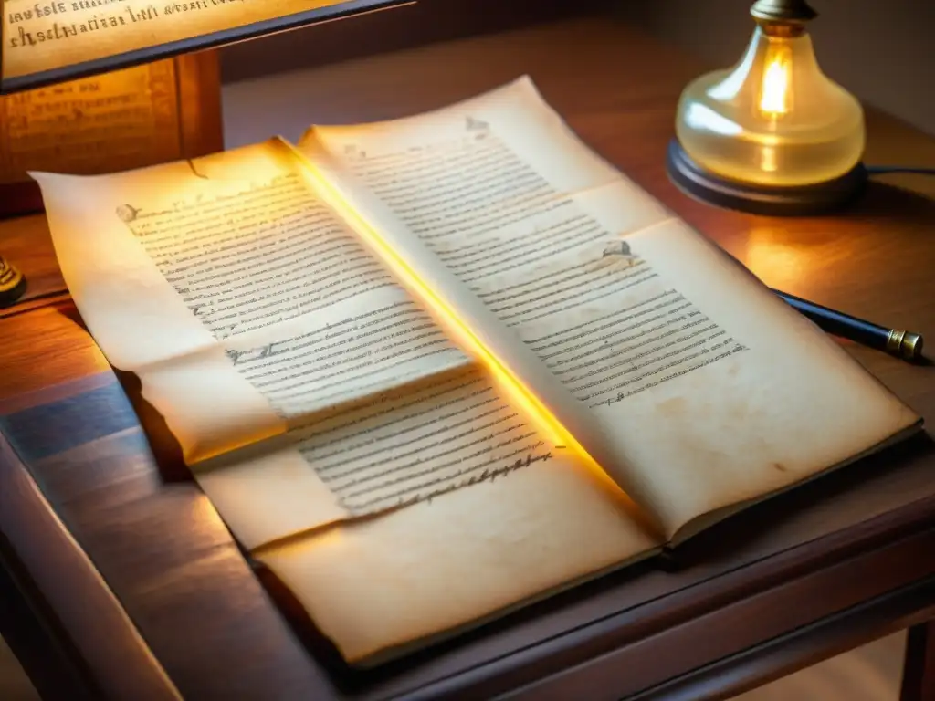 Manuscrito antiguo iluminado por lámpara vintage en mesa de madera, evocando historia y cultura en la escritura