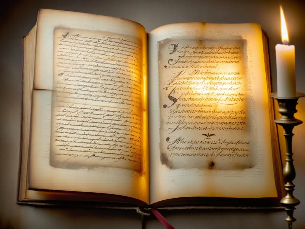 Manuscrito antiguo iluminado por luz de vela, con caligrafía detallada y atmósfera vintage