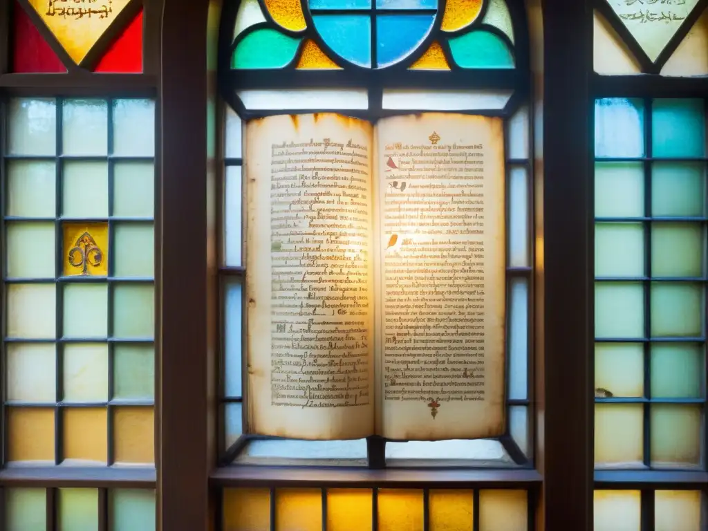 Manuscrito antiguo iluminado por luz natural, muestra delicada caligrafía y detalles ilustrativos