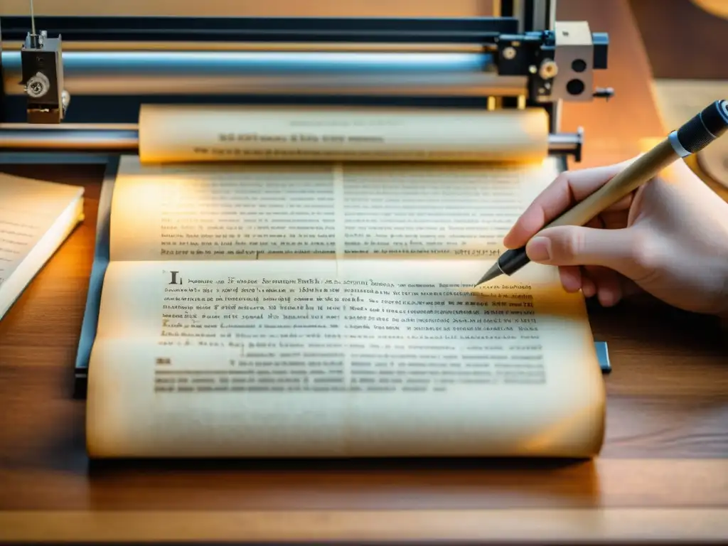 Manuscrito antiguo en mesa de madera con impresión 3D de réplica, mostrando fusión de tecnología e historia