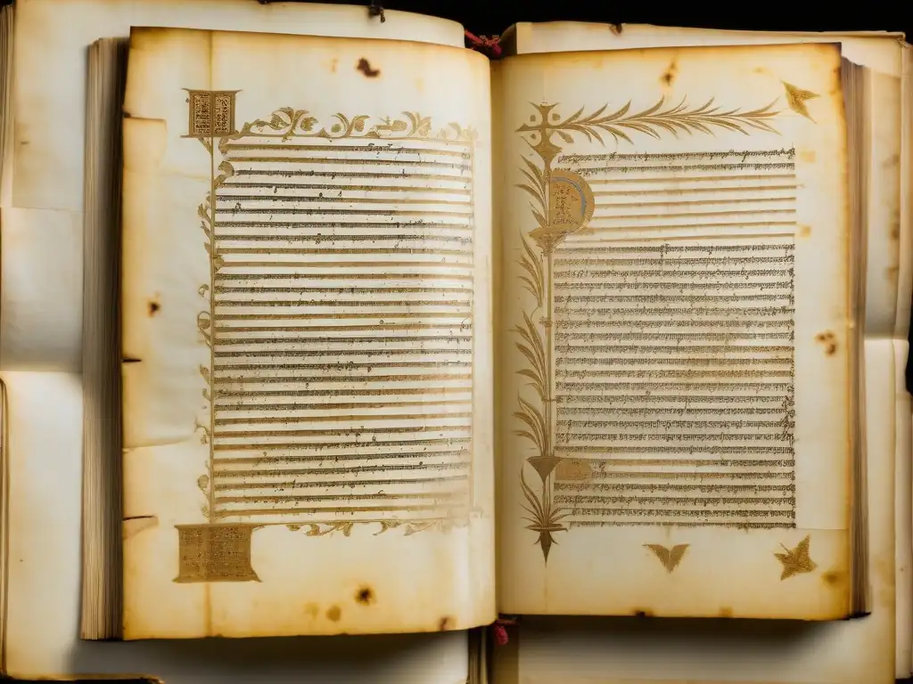 Manuscrito antiguo en sánscrito con ilustraciones detalladas, amarillento por el tiempo