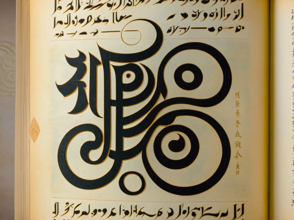 Manuscrito antiguo en sistemas de escritura Asia Central, con detalles intrincados y atmósfera histórica