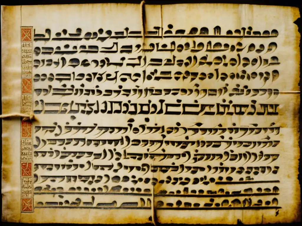 Un manuscrito glagolítico desgastado con símbolos e texto, iluminado por una cálida luz, evocando misterio y significado histórico