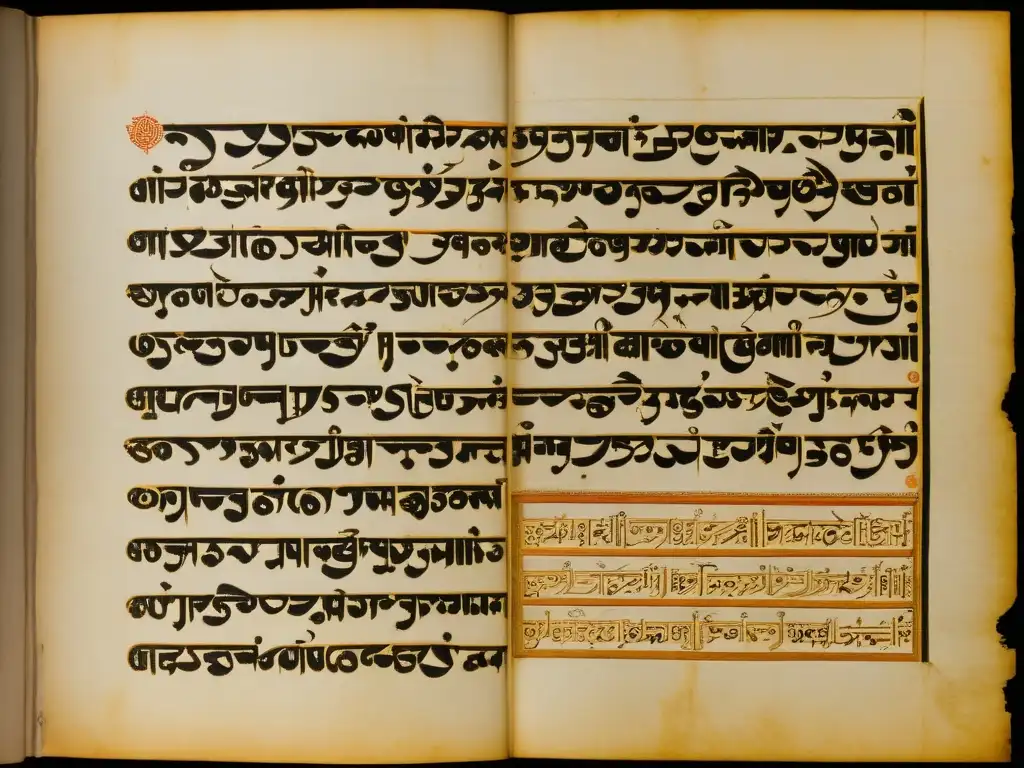 Manuscrito histórico con influencias persas y árabes en devanagari, mostrando la evolución del script sánscrito en un pergamino envejecido