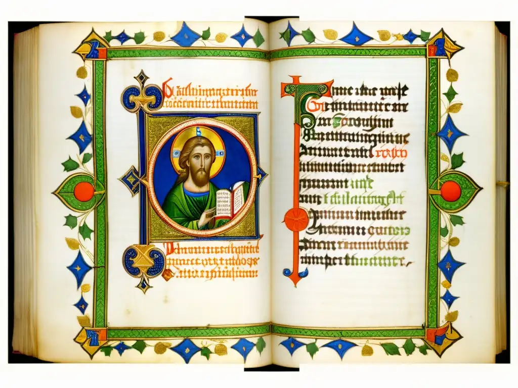 Manuscrito iluminado carolingio con detallada caligrafía y vibrantes colores