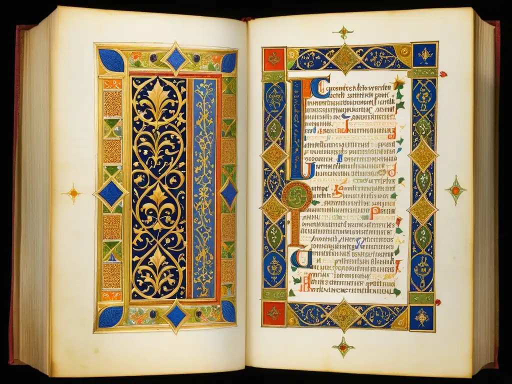 Un manuscrito iluminado exhibiendo intrincada caligrafía en los estilos Carolingio y Gótico, con colores vibrantes y detalles en hoja de oro