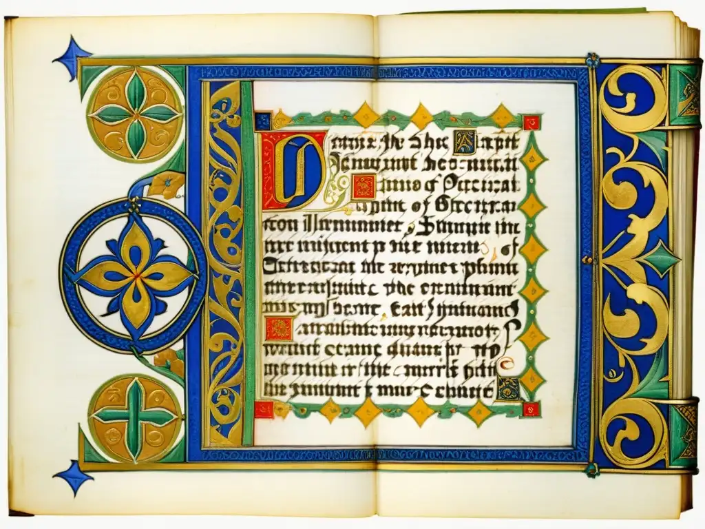 Manuscrito iluminado medieval con transición de escritura uncial a carolina, detalles dorados y colores vibrantes