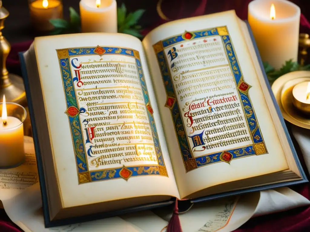 Manuscrito iluminado con técnicas de escritura Carolingia y Gótica, detalles exquisitos y colores vibrantes iluminados por luz de vela