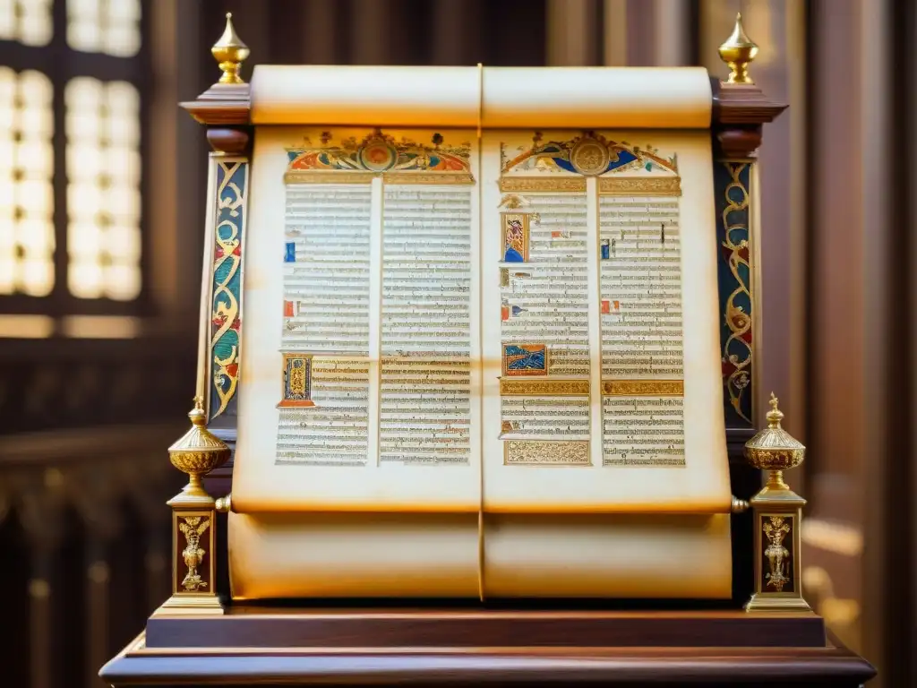 Un manuscrito medieval en un atril de madera, con caligrafía e ilustraciones detalladas que representan eventos históricos
