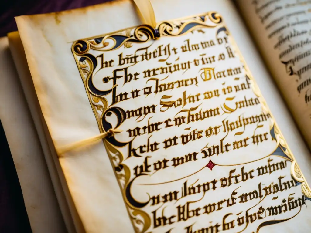 Un manuscrito medieval exquisitamente conservado con caligrafía gótica, detalles en oro y pigmentos vibrantes