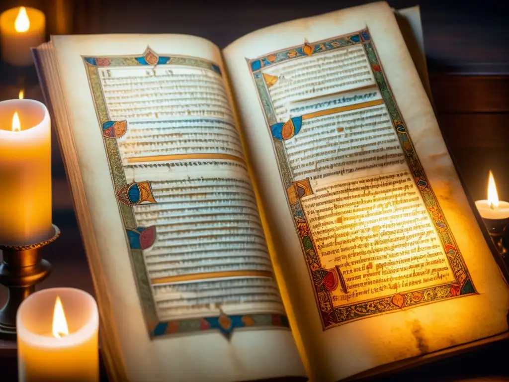 Un manuscrito medieval bellamente conservado iluminado por velas, evocando historia y tradición