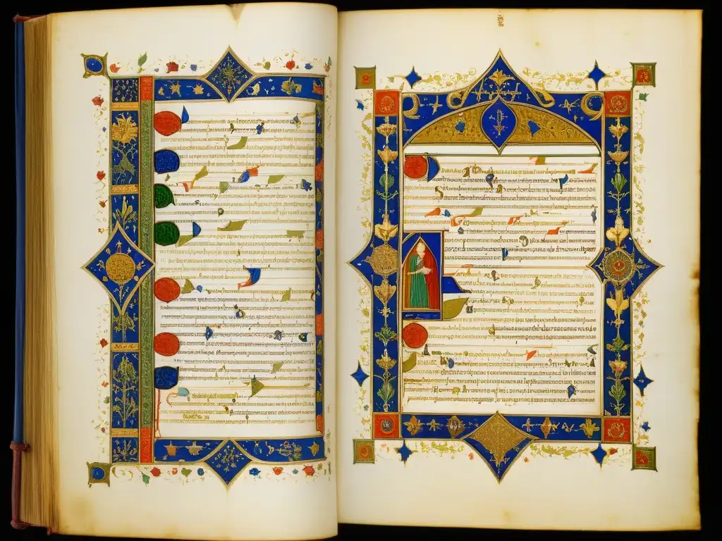 Un manuscrito medieval iluminado con caligrafía gótica y pigmentos coloridos