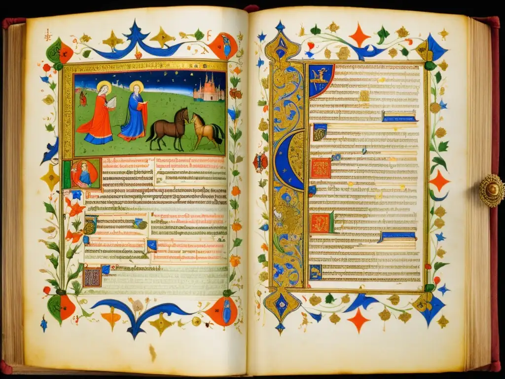 Un manuscrito medieval iluminado con detalles intrincados y colores vibrantes, mostrando escenas de la vida medieval y criaturas míticas