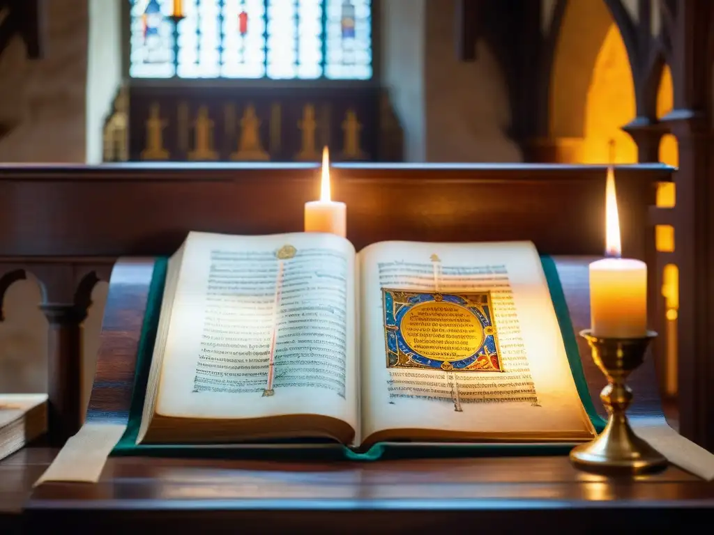 Manuscrito medieval iluminado en monasterio europeo: letras e ilustraciones detalladas bajo luz de velas