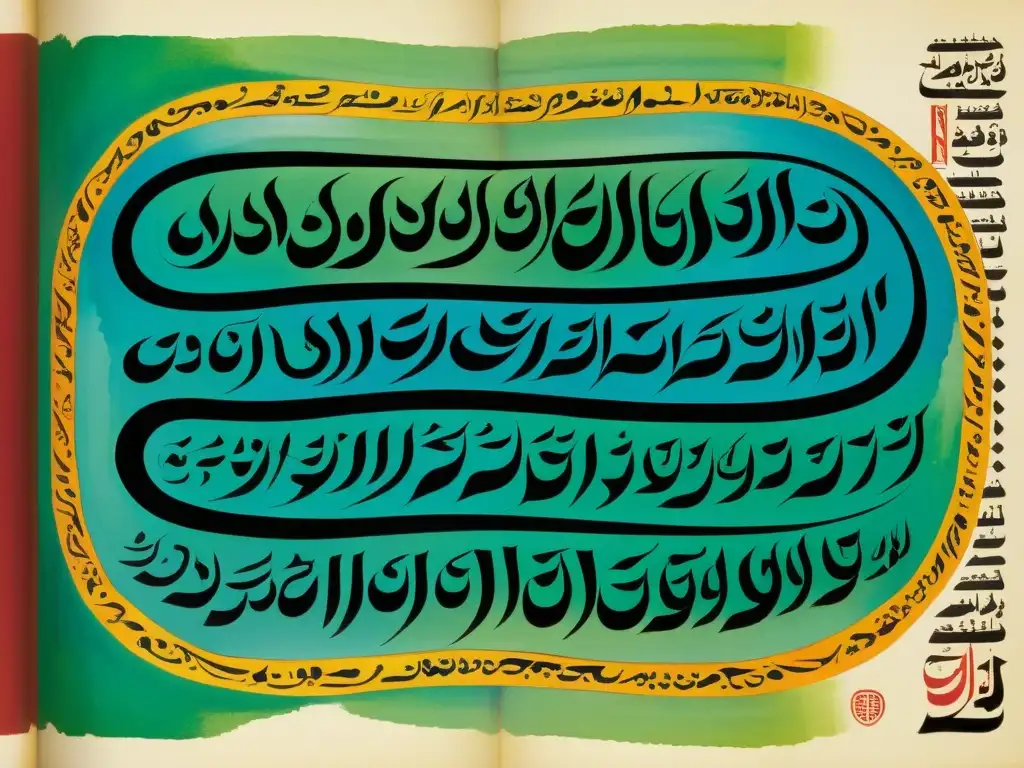 Manuscrito pintado a mano mostrando la evolución de los sistemas de escritura Abjad y Abugida, capturando la diversidad lingüística y cultural