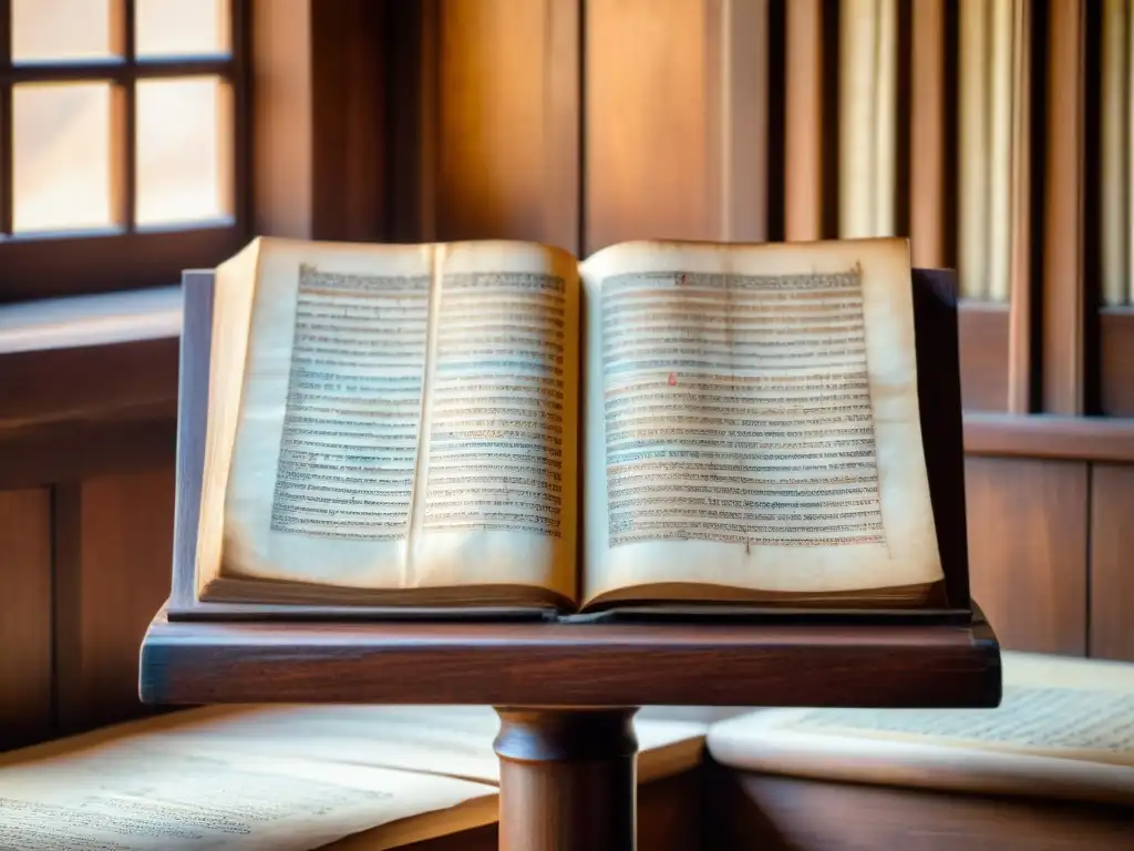 Manuscrito religioso antiguo en lectern de madera, evocando preservación identidades religiosas escritura con caligrafía e ilustraciones detalladas