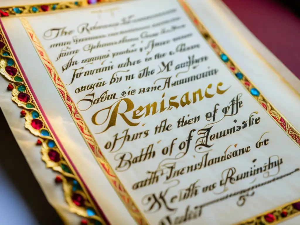 Manuscrito renacentista bellamente decorado en pergamino envejecido, iluminado por luz natural