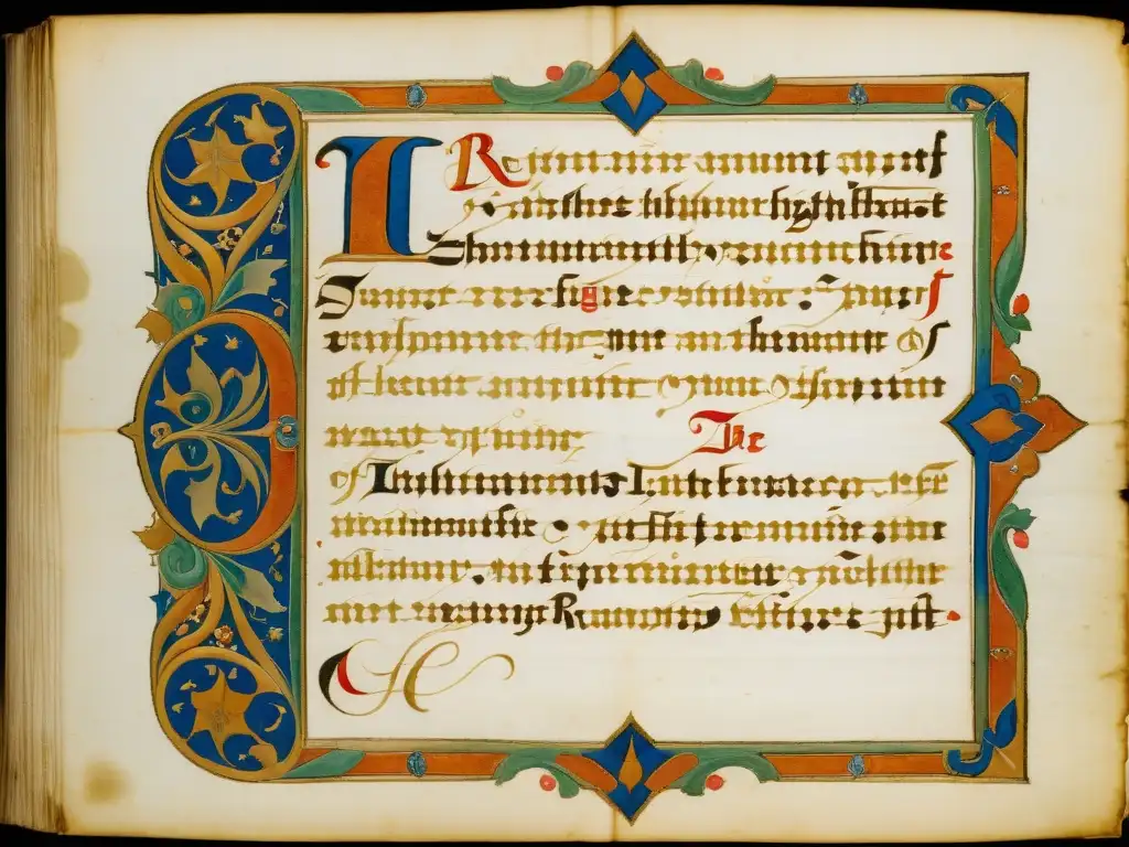 Manuscrito renacentista en pergamino con caligrafía y decoraciones elaboradas, reflejo de la documentación de sistemas de escritura renacentista