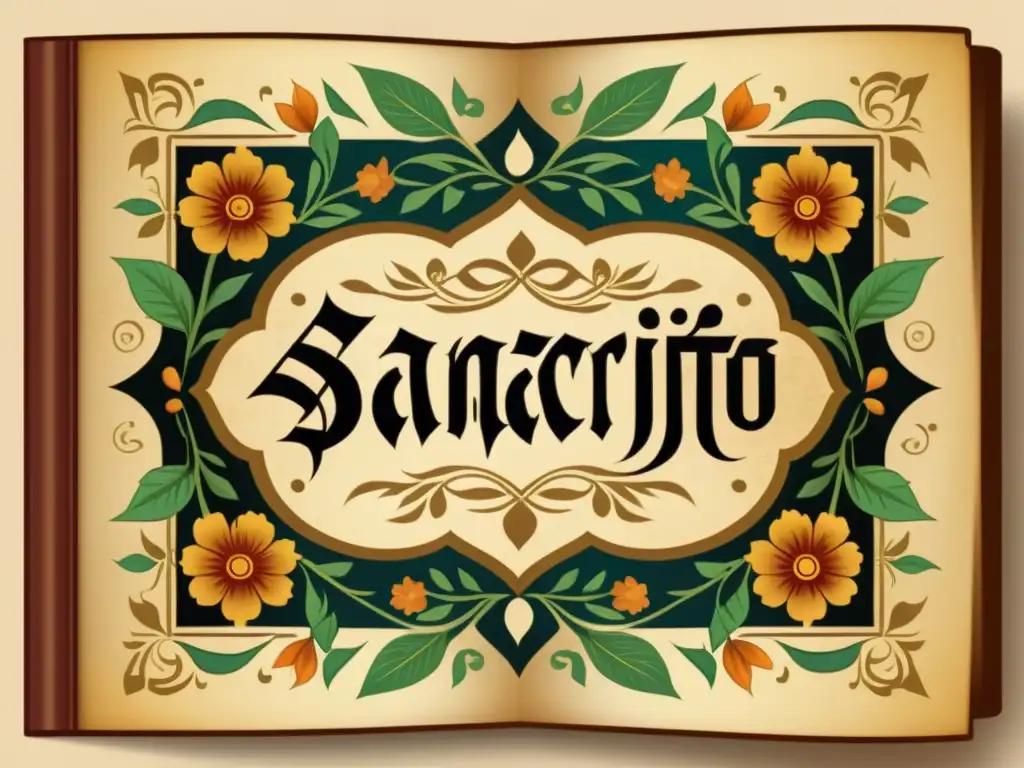 Un manuscrito sánscrito ancestral en pergamino envejecido, con caligrafía intrincada y motivos florales, evocando sabiduría antigua y cultural