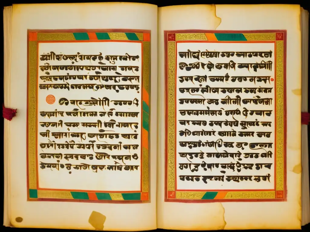 Manuscrito sánscrito antiguo bellamente iluminado con colores vibrantes y caligrafía intrincada, evocando la influencia del sánscrito en el hinduismo