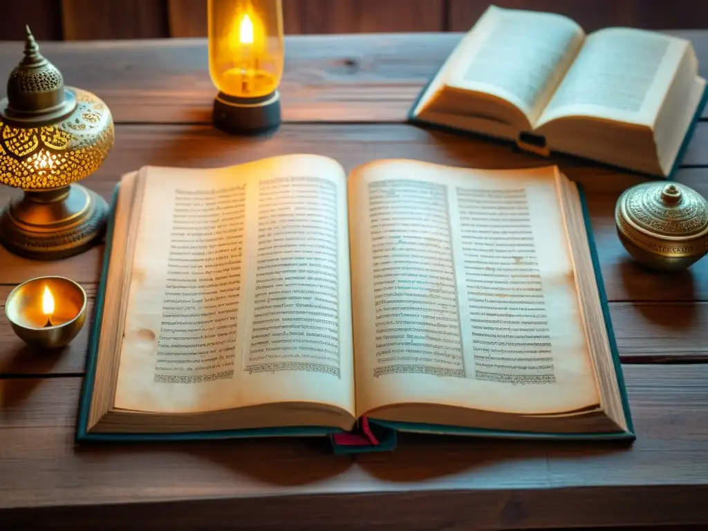 Manuscrito sánscrito antiguo en mesa de madera, iluminado por lámpara, con caligrafía e ilustraciones de la mitología hindú