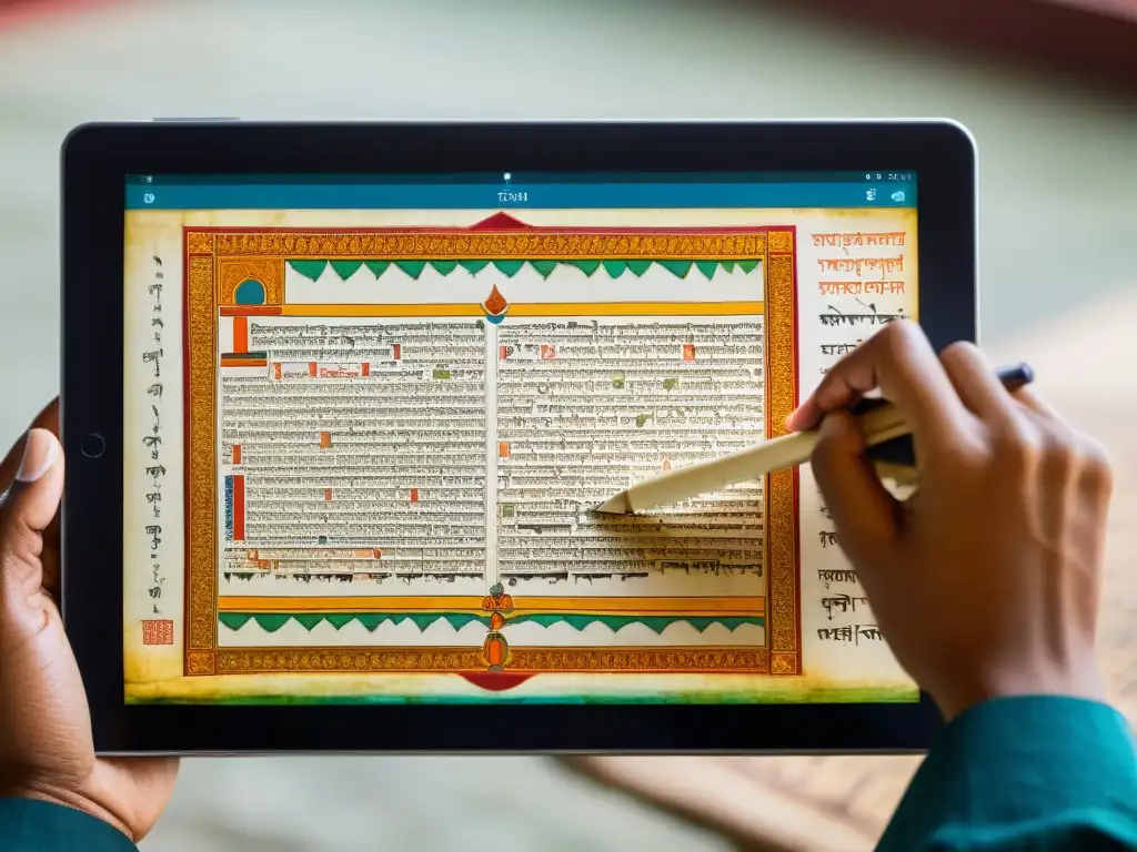 Manuscrito sánscrito tradicional en tablet digital, preservación del sánscrito en línea con tecnología moderna y conexión entre pasado y presente