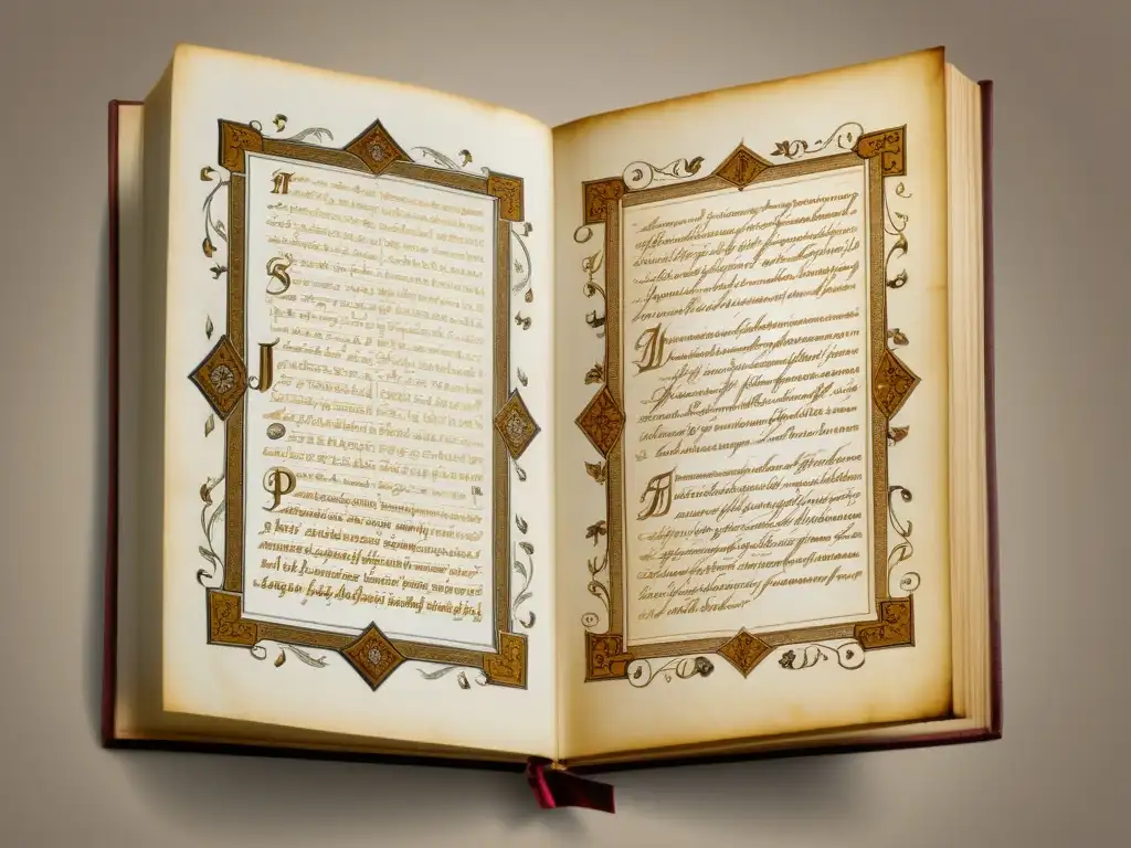 Manuscrito védico detallado en Prácrito relación Sánscrito Védico, con caligrafía elegante y fronteras ornamentadas en sepia