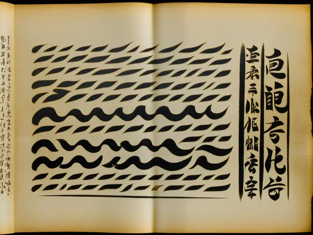 Manuscrito vintage con escritura Kawi en el Sudeste, detallada y misteriosa, en tonos terrosos y toques de oro