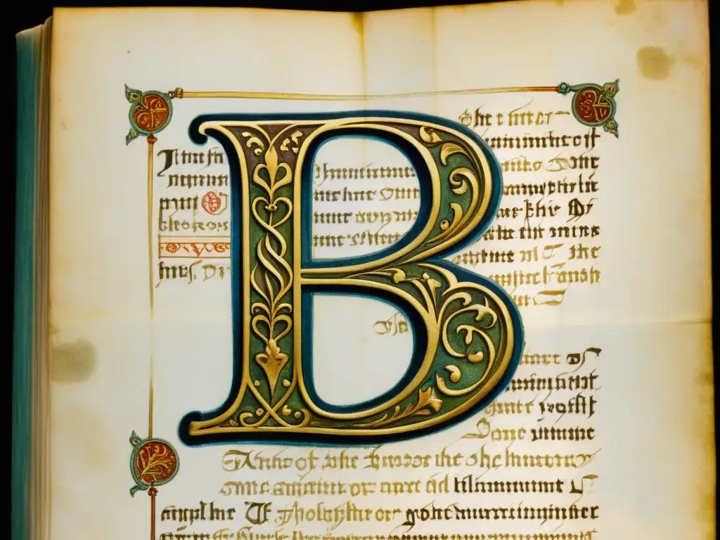 Manuscrito vintage iluminado con la letra 'B' en Beowulf, evocando sistemas de escritura en culturas diferentes