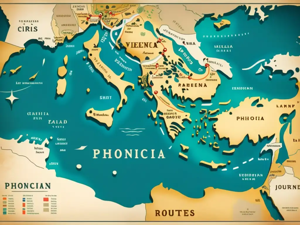 Mapa antiguo detallado de rutas comerciales fenicias con ilustraciones de barcos, puertos y paisajes antiguos