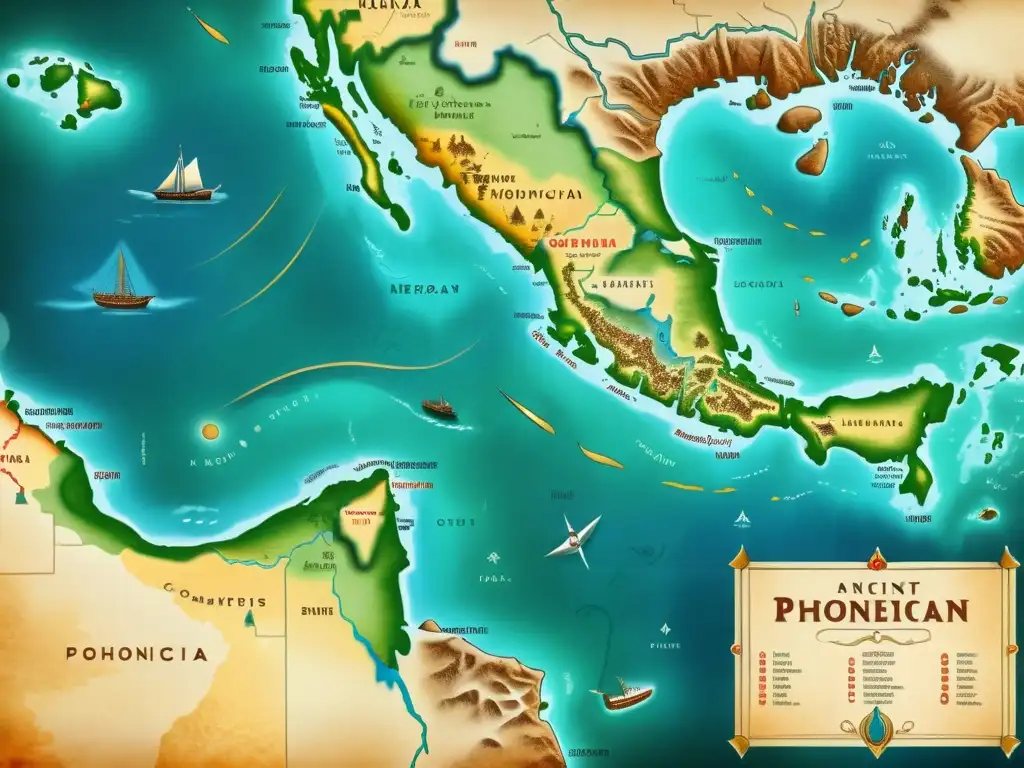 Mapa antiguo de rutas comerciales fenicias con ilustraciones de barcos y animales exóticos