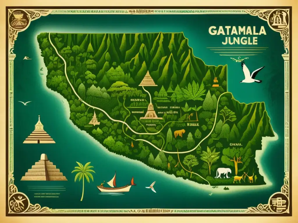 Mapa antiguo de la selva guatemalteca con jeroglíficos mayas, templos y vegetación exuberante, evocando misterio y aventura