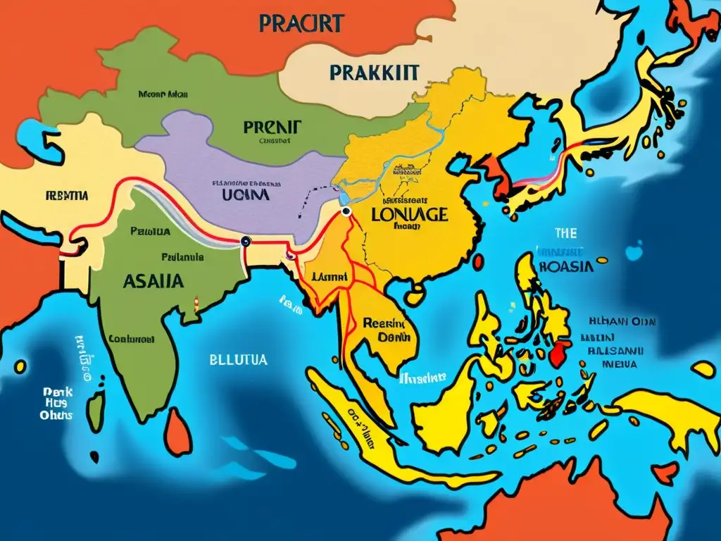 Mapa detallado de la antigua Asia, muestra la extensión del Prácrito con ilustraciones vibrantes y rutas comerciales