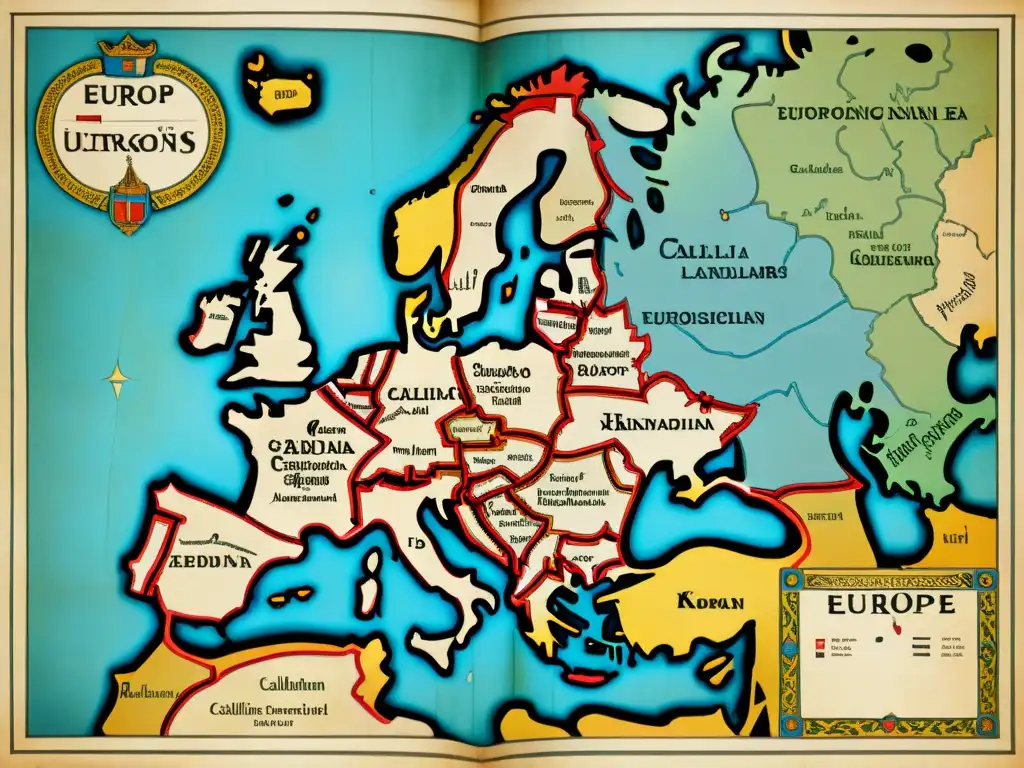 Mapa detallado de Europa en la era carolingia con ciudades, rutas comerciales y criaturas míticas