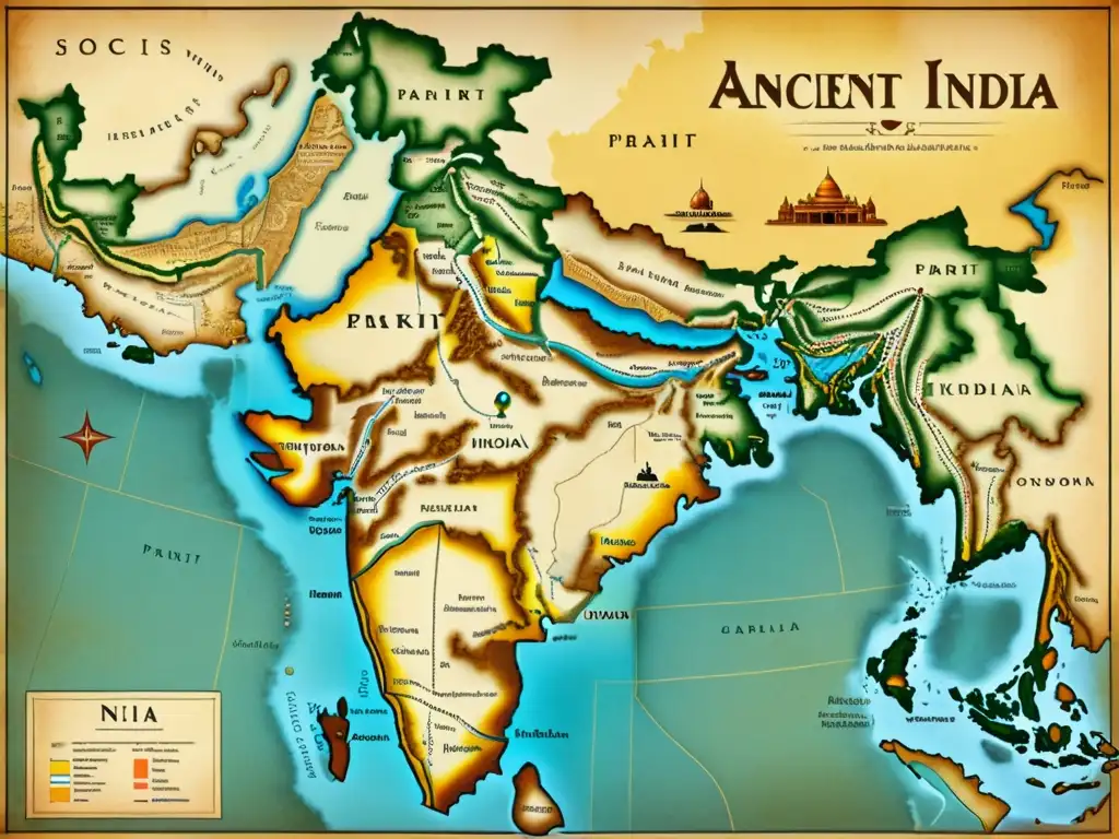 Mapa detallado de la India antigua con zonas donde se hablaba Prácrito