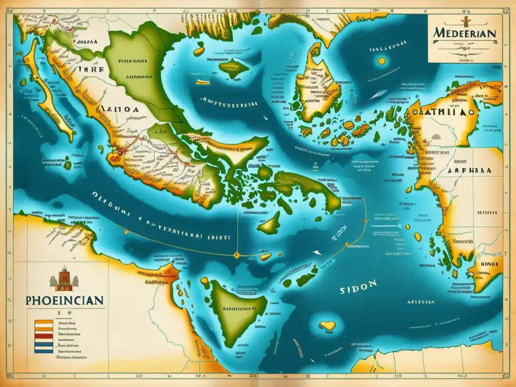 Mapa detallado del Mar Mediterráneo con el desarrollo histórico del alfabeto fenicio